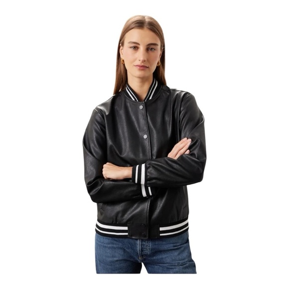 Slate & Willow Varsity Bomber Jacket in Black Faux Leather Size Small - Picture 2 of 11